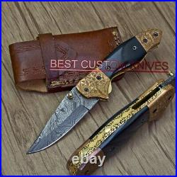 Superb Folding Knife, Liner Lock Damascus Steel Blade, Black Resin Handle