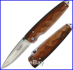 TOPS Linerlock Folding Knife 2.75 Damascus Steel Blade Sculpted Ironwood Handle