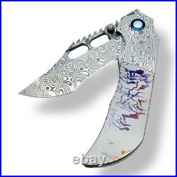 TRK 03 Folding Knife RWL34+PMC27 Damascus Blade & Handle with Titanium MultiDeploy