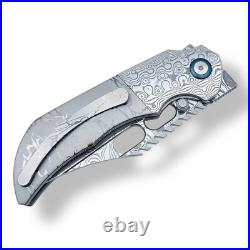 TRK 03 Folding Knife RWL34+PMC27 Damascus Blade & Handle with Titanium MultiDeploy