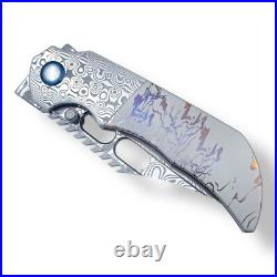 TRK 03 Folding Knife RWL34+PMC27 Damascus Blade & Handle with Titanium MultiDeploy