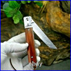 Tanto Folding Knife Pocket Flipper Hunting Survival Damascus Steel Wood Handle S