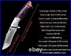 Tanto Folding Knife Pocket Hunting Survival Tactical Damascus Steel Wood Handle