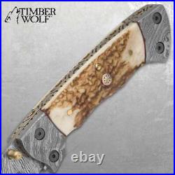 Timberwolf Real DAMASCUS Folding Pocket Knife CUSTOM HANDMADE with Leather Sheath