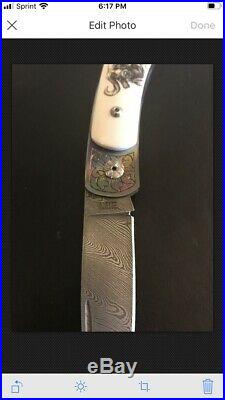 Tommy Lee Custom Damascus Lock Back Folding Knife- Scrim Cape Buffalo- Mint
