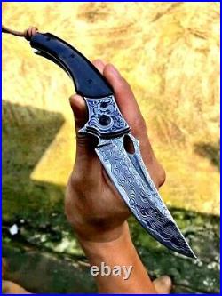 Trailing Point Folding Knife Pocket Flipper Hunting Wild Tactical Damascus Steel