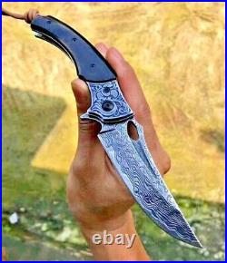 Trailing Point Knife Folding Pocket Hunting Survival Damascus Steel Wood Handle