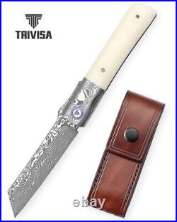 Trivisa Hydrus-02 Handmade Higonokami Folding Knife Bone Handle Damascus Plain