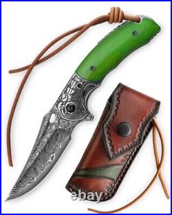 Trivisa Puppis-02G Folding Knife Steel/Green Bone Handle Damascus JS02-GB-D/P