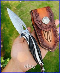 US STOCK Folding Knife VG10 Damascus Pocket Ball Bearing Flipper Ebony Sheath