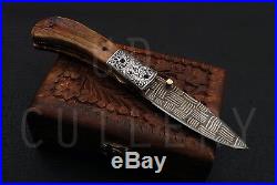 Ud Custom Made Damascus Folding Knife Engraved Bolster Stag Antler Ud-0031