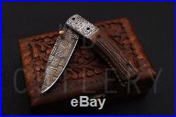Ud Custom Made Damascus Folding Knife Engraved Bolster Stag Antler Ud-0031