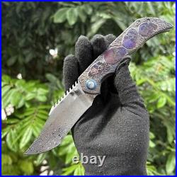 Unique Exotic Damascus Steel Carving Titanium Alloy Handle Folding Knife