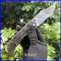 Unique Exotic Damascus Steel Carving Titanium Alloy Handle Folding Knife