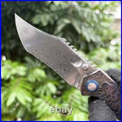 Unique Exotic Damascus Steel Carving Titanium Alloy Handle Folding Knife