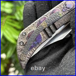 Unique Exotic Damascus Steel Carving Titanium Alloy Handle Folding Knife