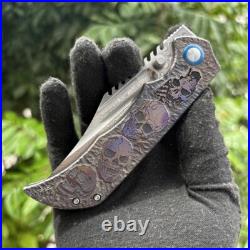 Unique Exotic Damascus Steel Carving Titanium Alloy Handle Folding Knife