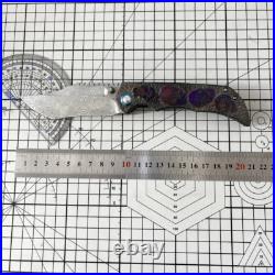 Unique Exotic Damascus Steel Carving Titanium Alloy Handle Folding Knife