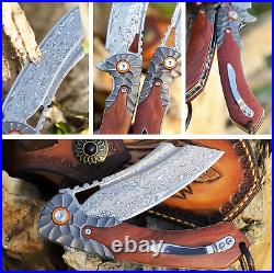 Unique Handmade Damascus Steel Outdoor Tactical Pocket Folding Knife with Sheath