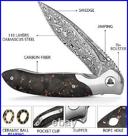 VG10 Damascus Carbon Fiber Gold Foil Pocket Knife Folding Dama Gift Outdoor NR44