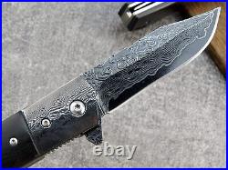 VG10 Damascus Ebony Wood Handle Knife Folding Pocket Outdoors Belt Clip VP35
