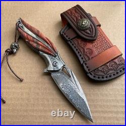 VG10 Damascus Folding Pocket Knife Outdoor EDC Flipper Wood Handle with Sheath