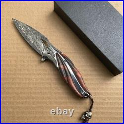 VG10 Damascus Folding Pocket Knife Outdoor EDC Flipper Wood Handle with Sheath