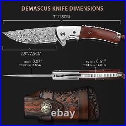 VG10 Damascus Pocket Folding Knife Rose Wood Handle Camping Hunting Gift VP87