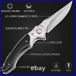 VG10 Damascus Pocket Knife Folding Ebony Sandal Wood Handle Gift VP73