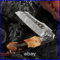 VG10 Damascus Resin & Wood Knife Folding Pocket Gift Outdoors Belt Clip NR03