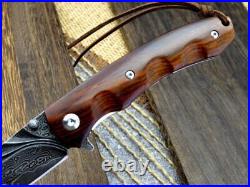 VG10 Damascus Rose Wood Handle Knife Folding Pocket Gift Outdoors Belt Clip VP10