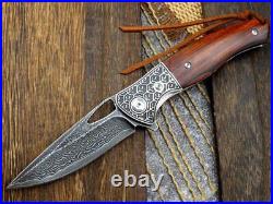 VG10 Damascus Rose Wood Handle Knife Folding Pocket Gift Outdoors Belt Clip VP11