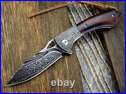 VG10 Damascus Rose Wood Handle Knife Folding Pocket Gift Outdoors Belt Clip VP19