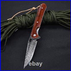 VG10 Damascus Rose Wood Handle Knife Folding Pocket Gift Outdoors Belt Clip VP30