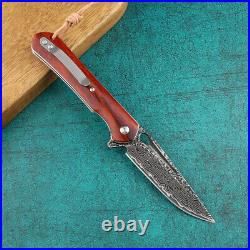 VG10 Damascus Rose Wood Handle Knife Folding Pocket Gift Outdoors Belt Clip VP30