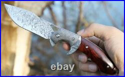 VG10 Damascus Rose Wood Knife Folding Pocket Gift Outdoors Belt Clip Rare NR04