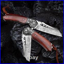 VG10 Damascus Rose Wood Knife Folding Pocket Gift Outdoors Belt Clip Rare NR09