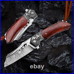 VG10 Damascus Rose Wood Knife Folding Pocket Gift Outdoors Belt Clip Rare NR09
