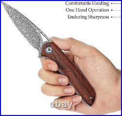 VG10 Damascus Rose Wood Knife Folding Pocket Gift Outdoors Belt Clip Rare NR20