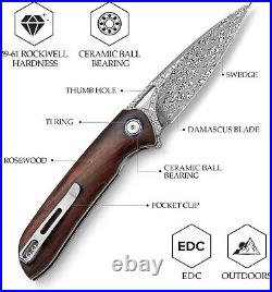 VG10 Damascus Rose Wood Knife Folding Pocket Gift Outdoors Belt Clip Rare NR20