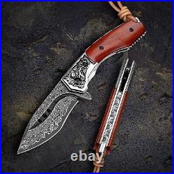 VG10 Damascus Rose Wood Knife Folding Pocket Gift Outdoors Belt Clip Rare NR35