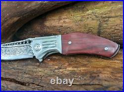 VG10 Damascus Rose Wood Knife Folding Pocket Gift Outdoors Belt Clip Rare VP04