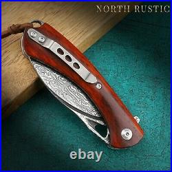 VG10 Damascus Rose Wood Knife Folding Pocket Gift Outdoors Belt Clip Rare VP06
