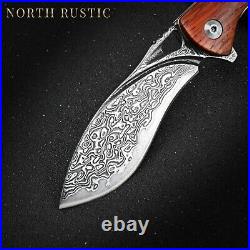 VG10 Damascus Rose Wood Knife Folding Pocket Gift Outdoors Belt Clip Rare VP06