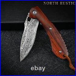 VG10 Damascus Rose Wood Knife Folding Pocket Gift Outdoors Belt Clip Rare VP08