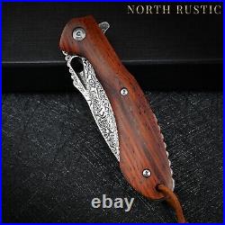 VG10 Damascus Rose Wood Knife Folding Pocket Gift Outdoors Belt Clip Rare VP08