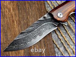 VG10 Damascus Rose Wood Knife Folding Pocket Gift Outdoors Belt Clip Rare VP15