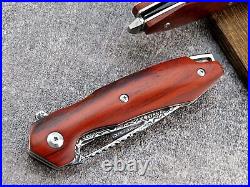 VG10 Damascus Rose Wood Knife Folding Pocket Gift Outdoors Belt Clip Rare VP16