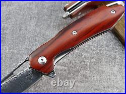 VG10 Damascus Rose Wood Knife Folding Pocket Gift Outdoors Belt Clip Rare VP16