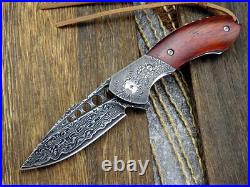 VG10 Damascus Rose Wood Knife Folding Pocket Gift Outdoors Belt Clip Rare VP18